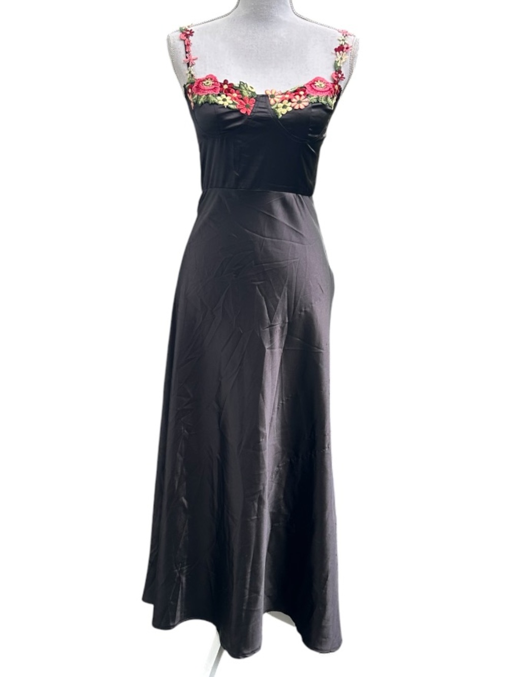 Embroidered floral satin slip dress XS